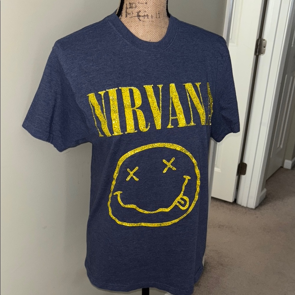 Custom Austrian Crystal Nirvana Blue Graphic T-Shirt size medium
